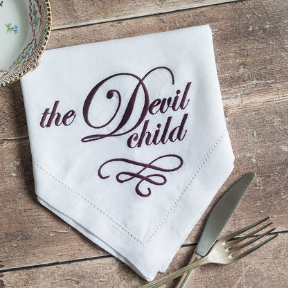 Set of Eight Slogan French Linen Embroidered Napkins