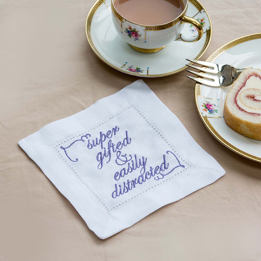 Set of Eight Slogan French Linen Embroidered Cocktail Napkins