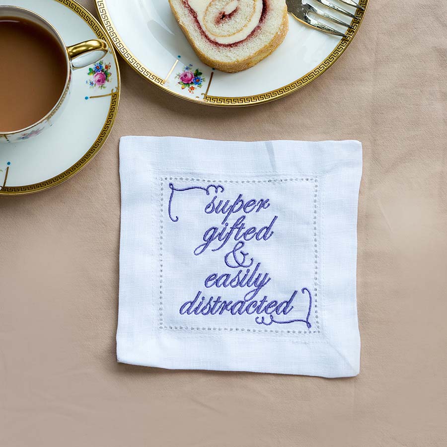 Set of Eight Slogan French Linen Embroidered Cocktail Napkins