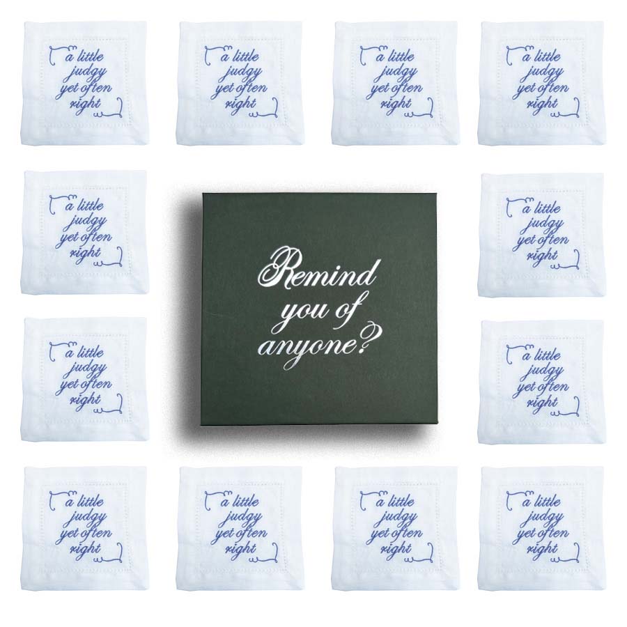 Limited Edition - Set of 12 'A Little Judgy' French Linen Embroidered Cocktail Napkins