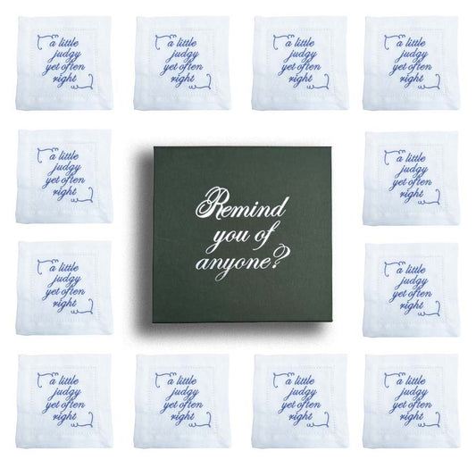 Limited Edition - Set of 12 'A Little Judgy' French Linen Embroidered Cocktail Napkins