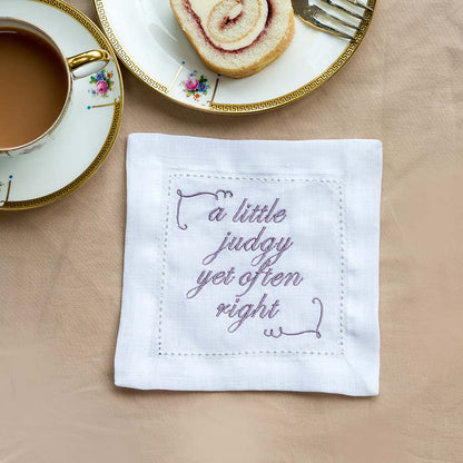 Set of Eight Slogan French Linen Embroidered Cocktail Napkins