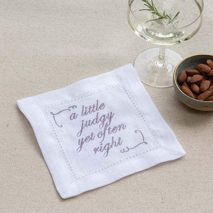 Set of Eight Slogan French Linen Embroidered Cocktail Napkins