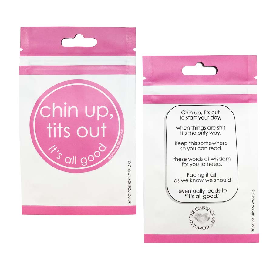Empowerment gift for friend "Chin Up" keyring in luxury gift pouch.