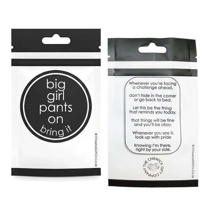 Motivational gift for women Big Girl Pants keyring on backing card with poem.