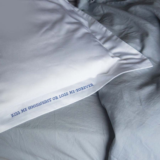 Embroidered Cotton Pillowcase - Kiss Me Goodnight or Lose Me Forever