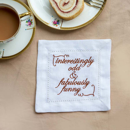 Set of Eight Slogan French Linen Embroidered Cocktail Napkins