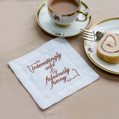 Set of Eight Slogan French Linen Embroidered Cocktail Napkins