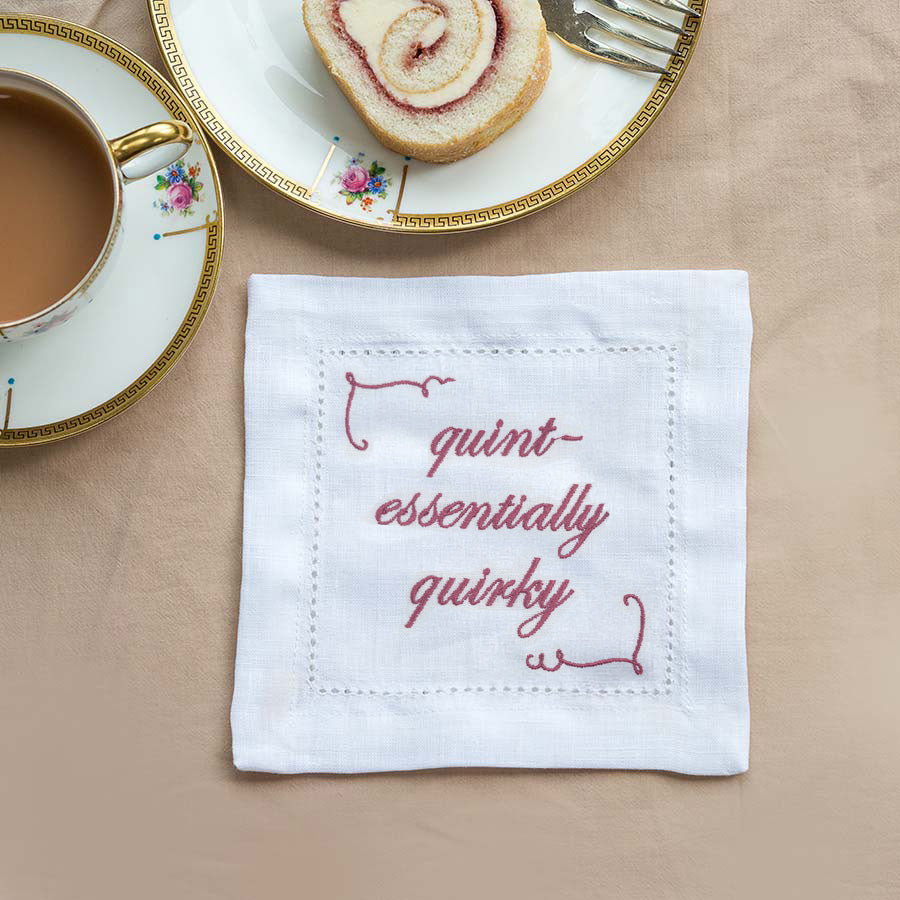 Supplementary Four Slogan French Linen Embroidered Cocktail Napkins