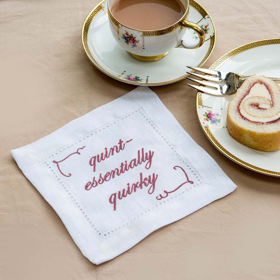 Supplementary Four Slogan French Linen Embroidered Cocktail Napkins
