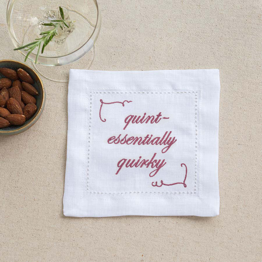 Supplementary Four Slogan French Linen Embroidered Cocktail Napkins