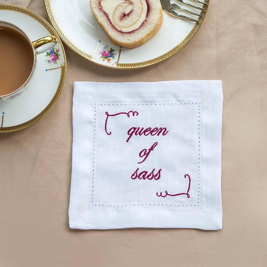 Set of Eight Slogan French Linen Embroidered Cocktail Napkins