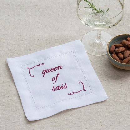 Set of Eight Slogan French Linen Embroidered Cocktail Napkins