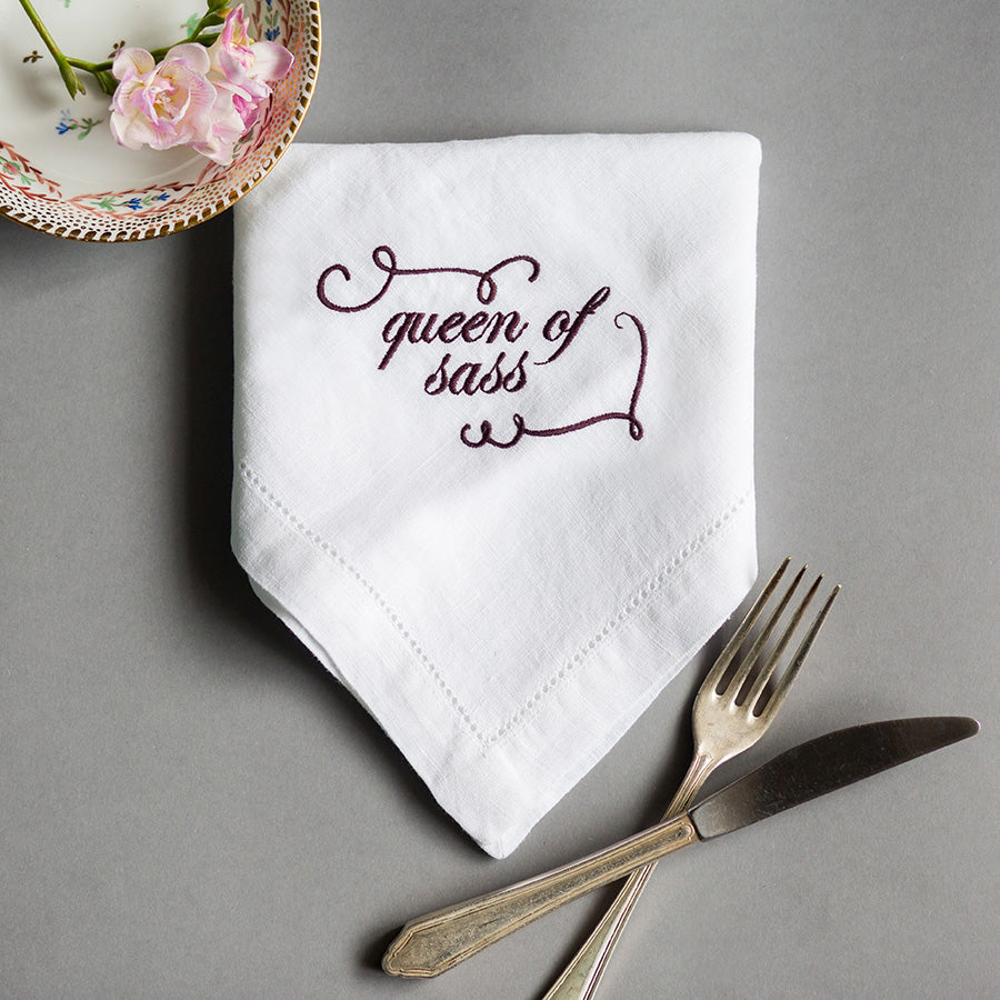 Set of Eight French Linen Embroidered Slogan Napkins