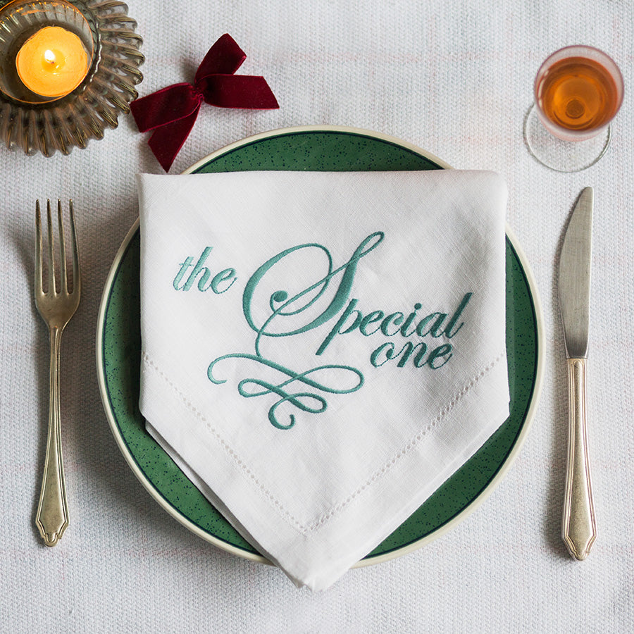 Set of Eight Slogan French Linen Embroidered Napkins