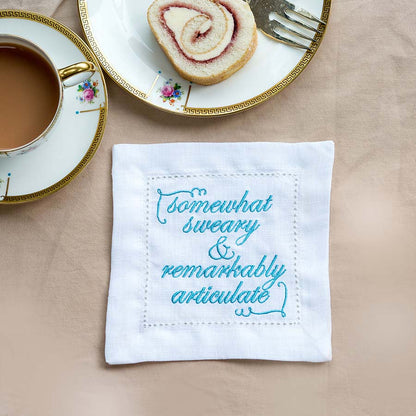 Set of Eight Slogan French Linen Embroidered Cocktail Napkins