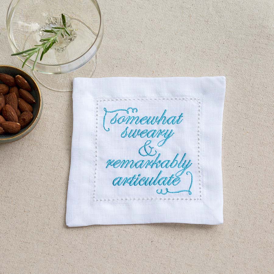 Set of Eight Slogan French Linen Embroidered Cocktail Napkins