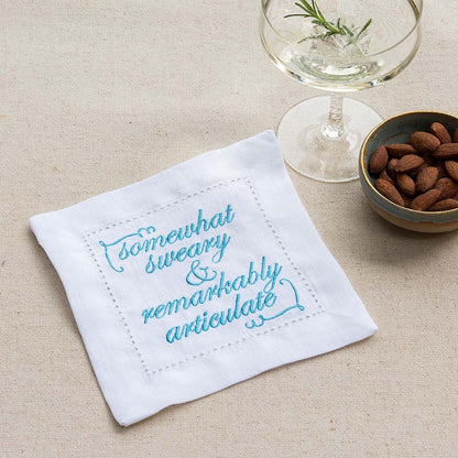 Set of Eight Slogan French Linen Embroidered Cocktail Napkins