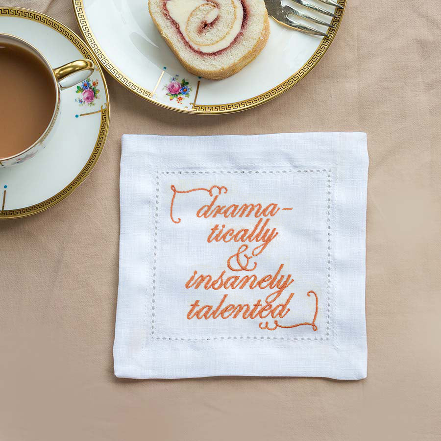 Supplementary Four Slogan French Linen Embroidered Cocktail Napkins