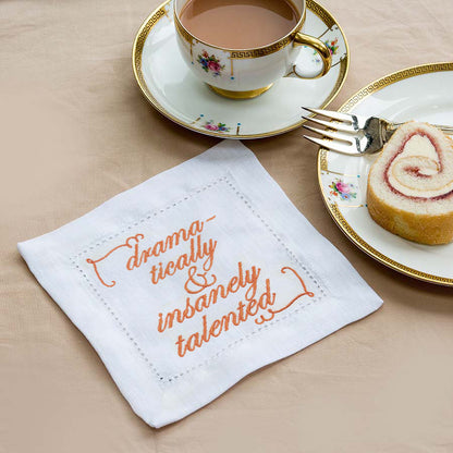 Supplementary Four Slogan French Linen Embroidered Cocktail Napkins