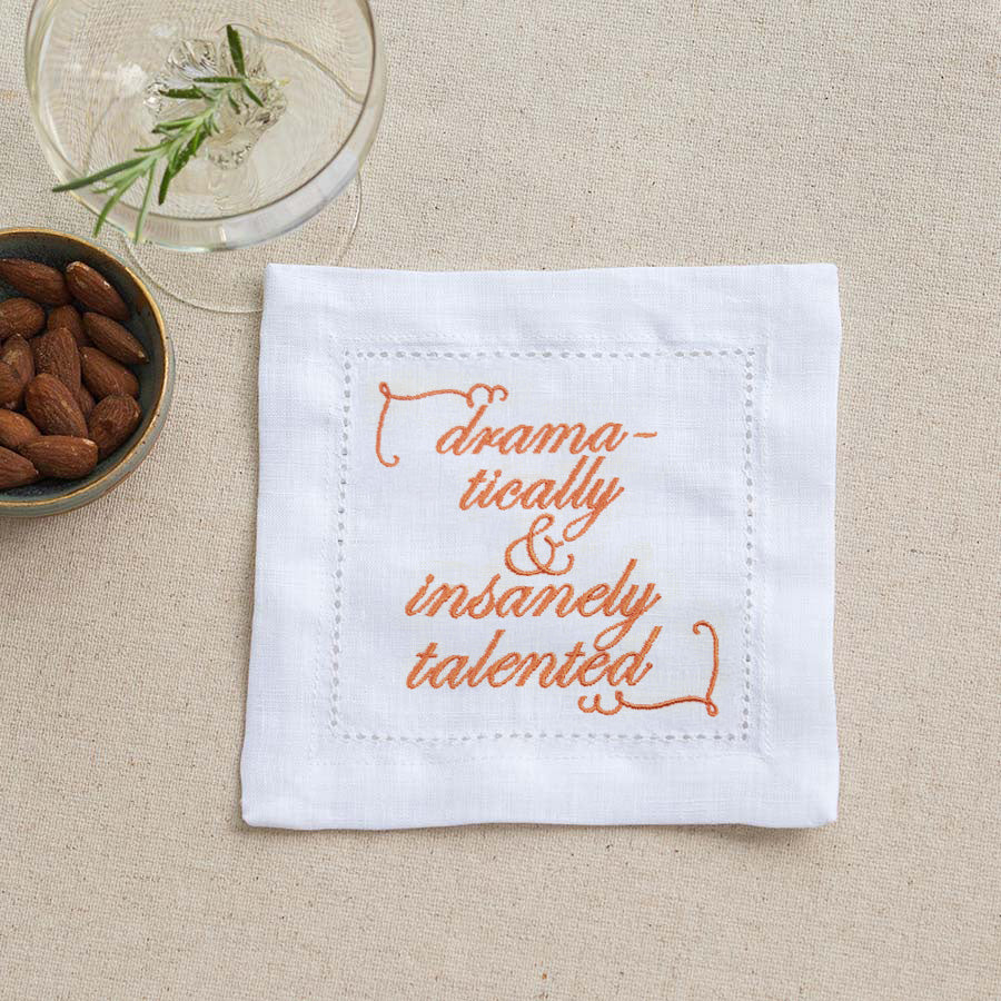 Supplementary Four Slogan French Linen Embroidered Cocktail Napkins