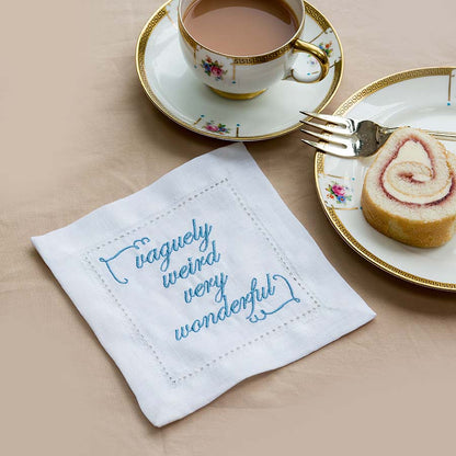 Set of Eight Slogan French Linen Embroidered Cocktail Napkins