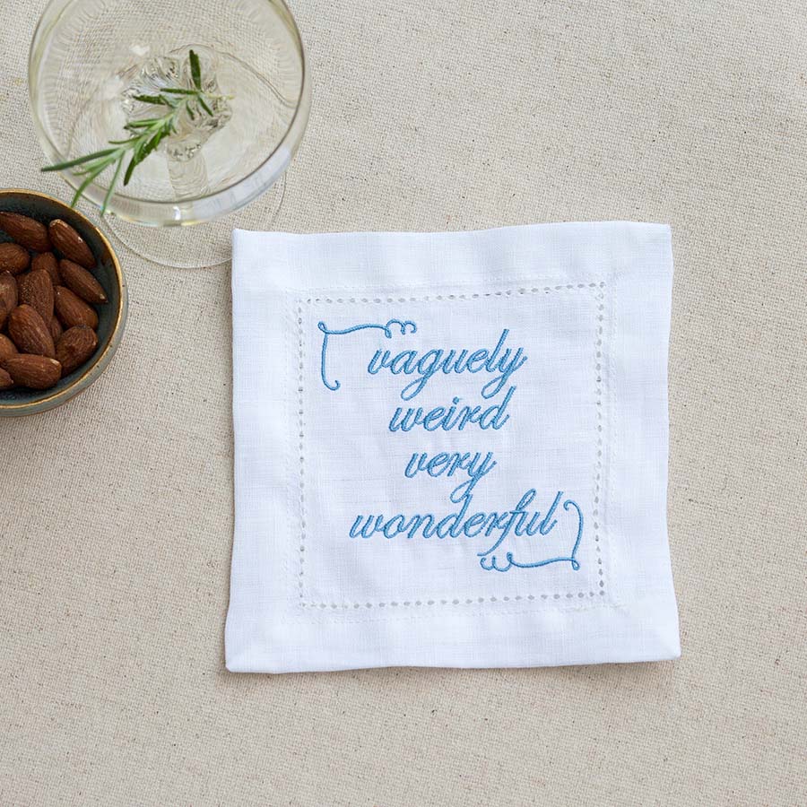 Set of Eight Slogan French Linen Embroidered Cocktail Napkins