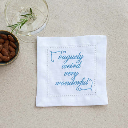 Set of Eight Slogan French Linen Embroidered Cocktail Napkins