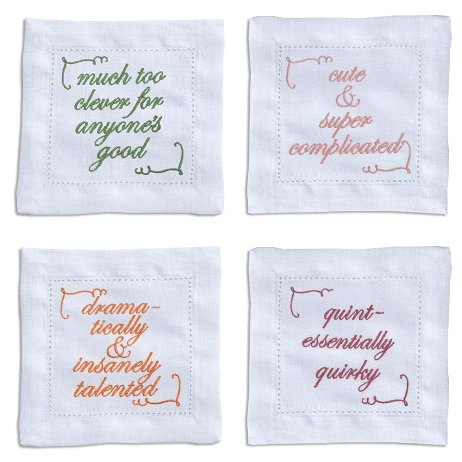 Supplementary Four Slogan French Linen Embroidered Cocktail Napkins