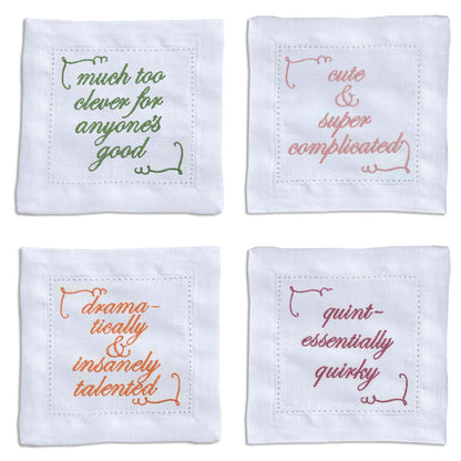 Supplementary Four Slogan French Linen Embroidered Cocktail Napkins