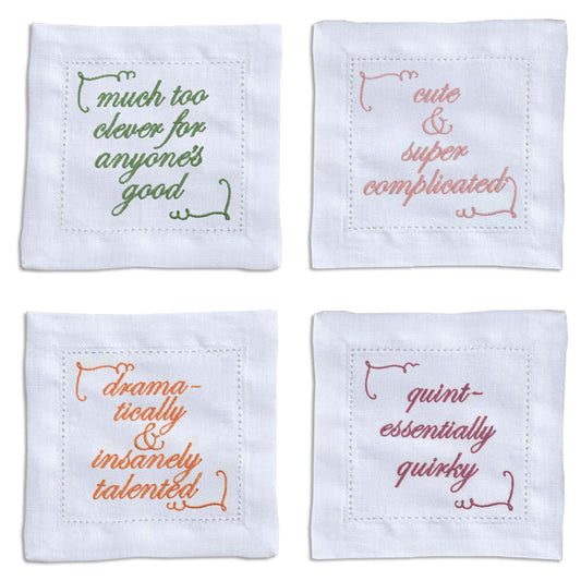 Supplementary Four Slogan French Linen Embroidered Cocktail Napkins
