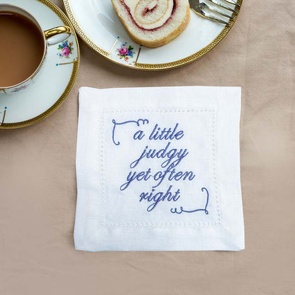 Limited Edition - Set of 12 'A Little Judgy' French Linen Embroidered Cocktail Napkins