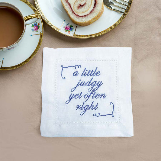 Limited Edition - Set of 12 'A Little Judgy' French Linen Embroidered Cocktail Napkins