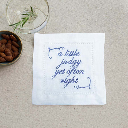 Limited Edition - Set of 12 'A Little Judgy' French Linen Embroidered Cocktail Napkins