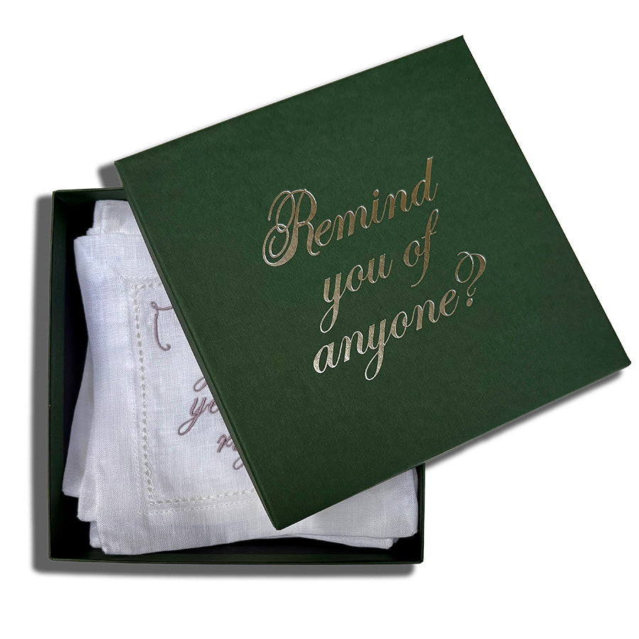 Set of Eight Slogan French Linen Embroidered Cocktail Napkins