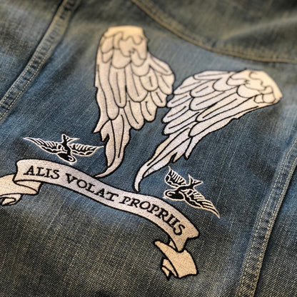 She Flies With Her Own Wings - Fully Embroidered Latin Motto - Vintage Levi's Denim Jacket