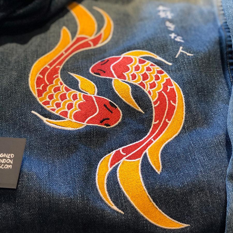 Beloved Person - Fully Embroidered Japanese Motto with Koi in Harmony - Vintage Levi's Denim Jacket