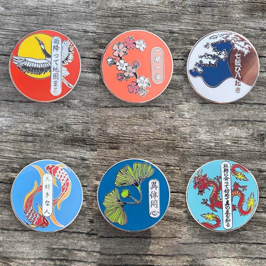 Set Of Six Inspirational Japanese Enamel Pins